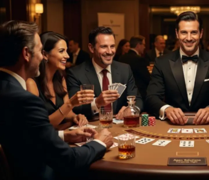 Blackjack asztal vállalati rendezvényen, mosolygó vendégekkel