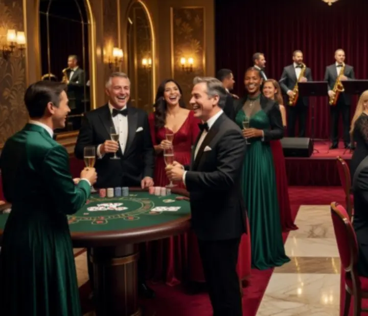 Fotóválogatás luxus kaszinótematikájú eseményekről elegáns vendégekkel és dekorációkkal.