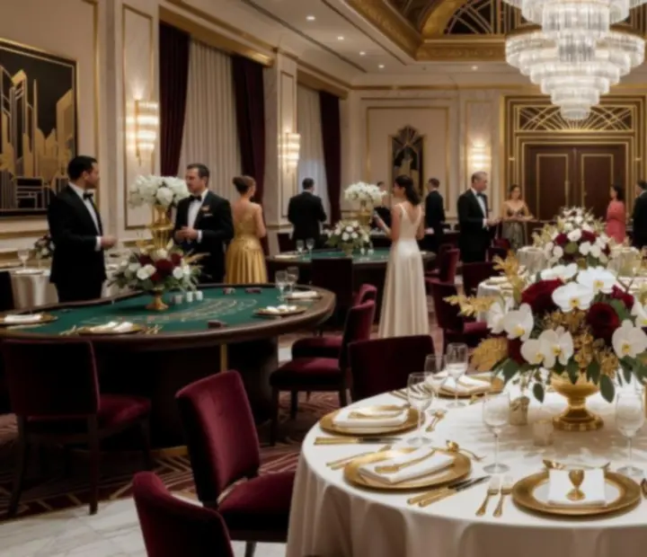 Elegánsan berendezett kaszinótematikus rendezvényterem kristálycsillárokkal és prémium dekorációval