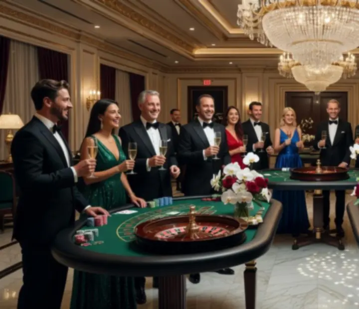 Elegánsan dekorált privát kaszinó hangulatú terem luxus kaszinóasztalokkal.