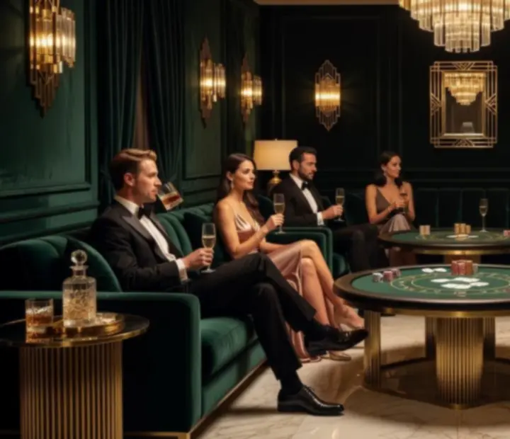 VIP lounge rész privát bulin, elegáns ülőbútorokkal és hangulatos fényekkel.